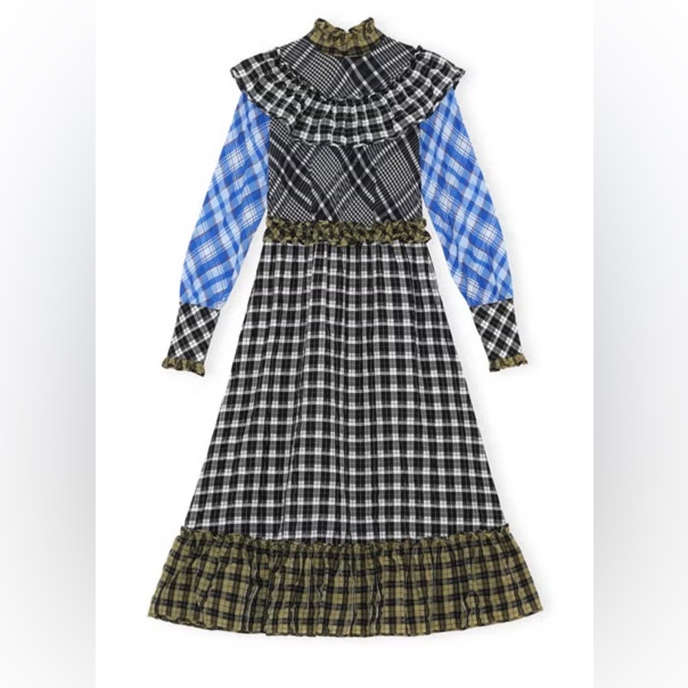 Ganni Ruffled checked cotton-blend seersucker midi dress